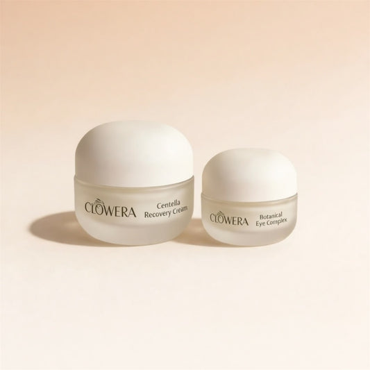 Moisturizing face cream and eye cream set by Clovera in a soft, calming composition