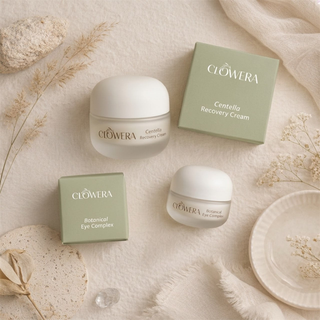 Open cream jars showing smooth texture of Centella Recovery Cream and Eye Complex