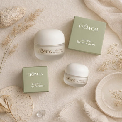 Open cream jars showing smooth texture of Centella Recovery Cream and Eye Complex