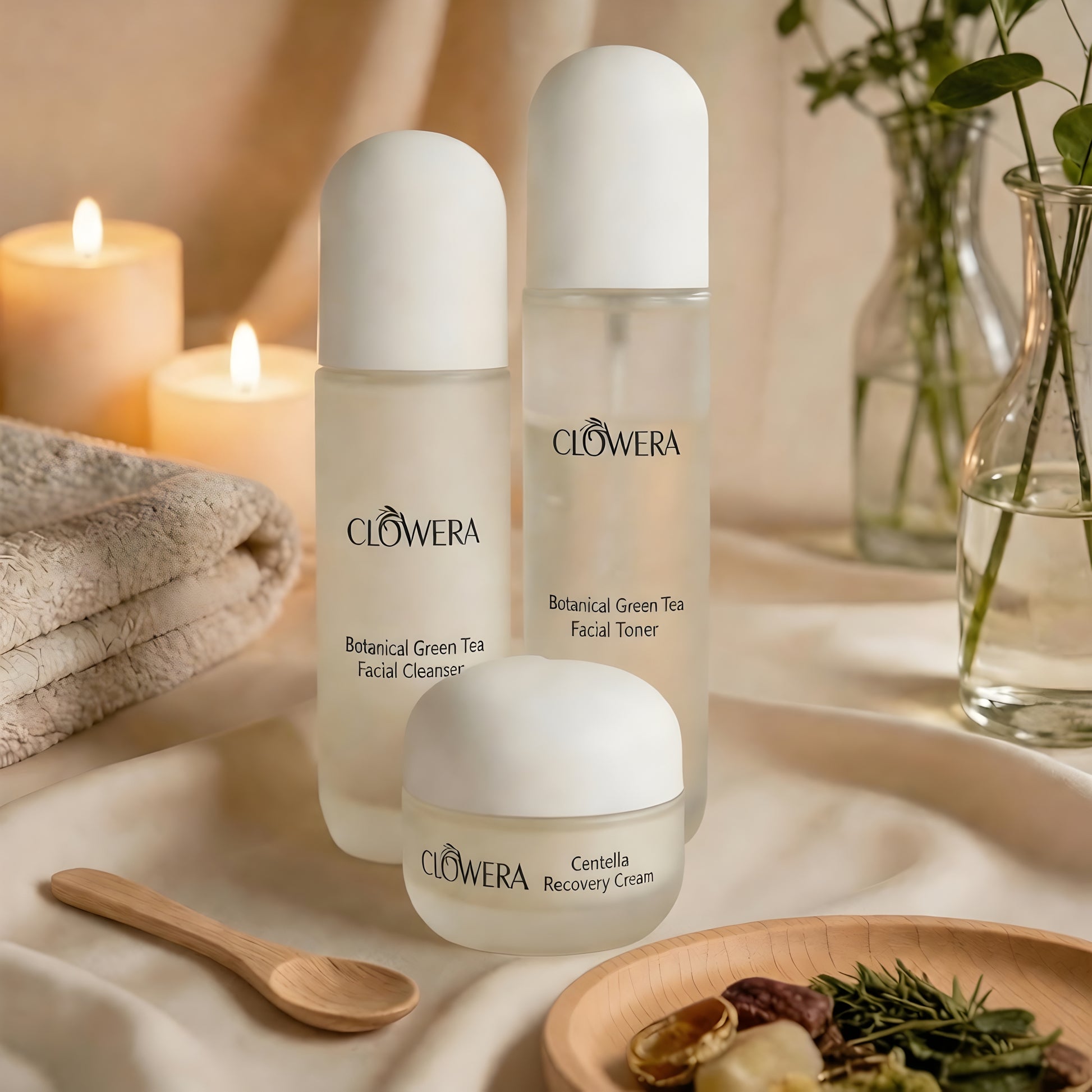 Minimal skincare set with cleanser toner and moisturizer