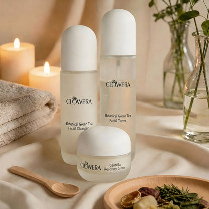 Minimal skincare set with cleanser toner and moisturizer