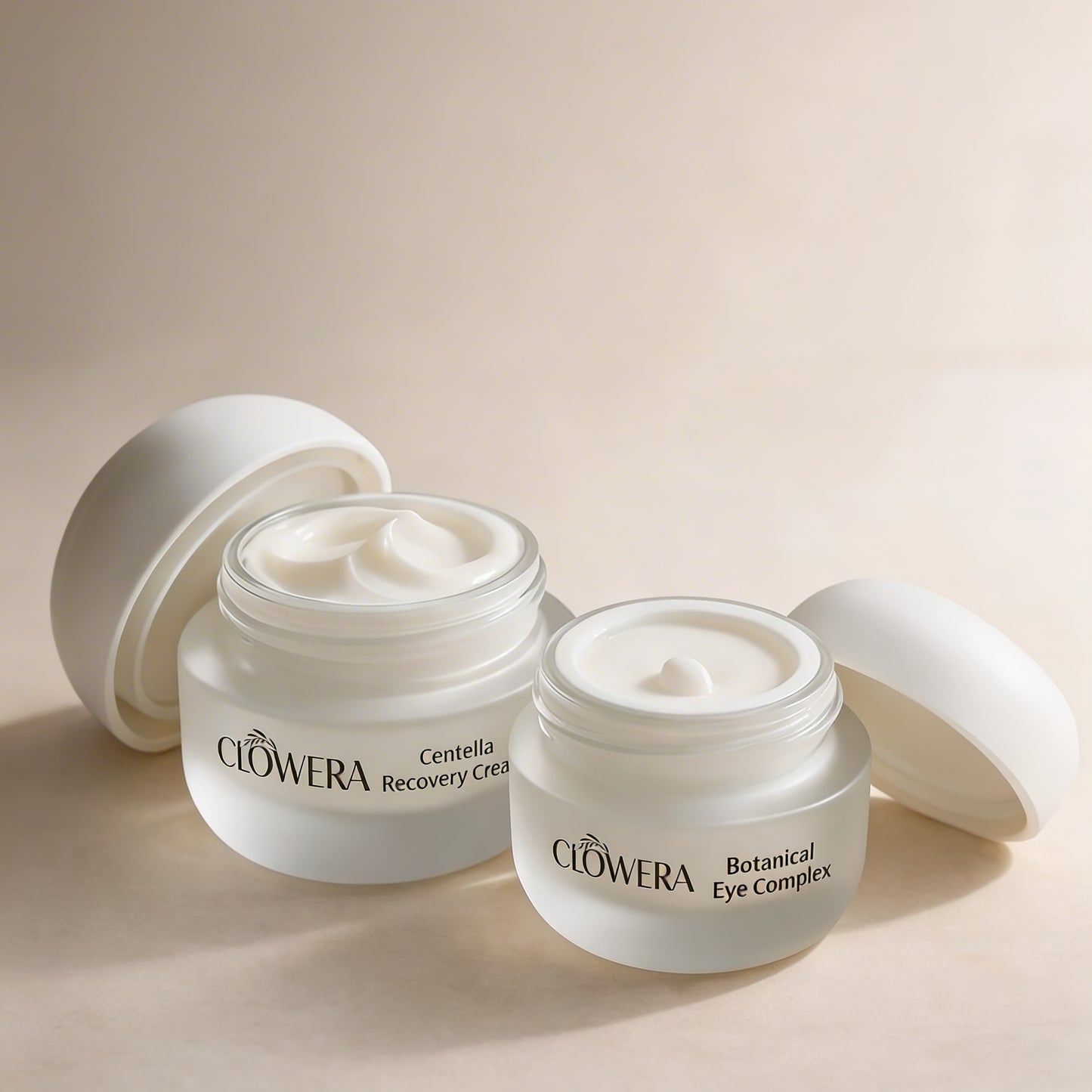 Clovera Centella Recovery Cream and Botanical Eye Complex in minimalist skincare composition