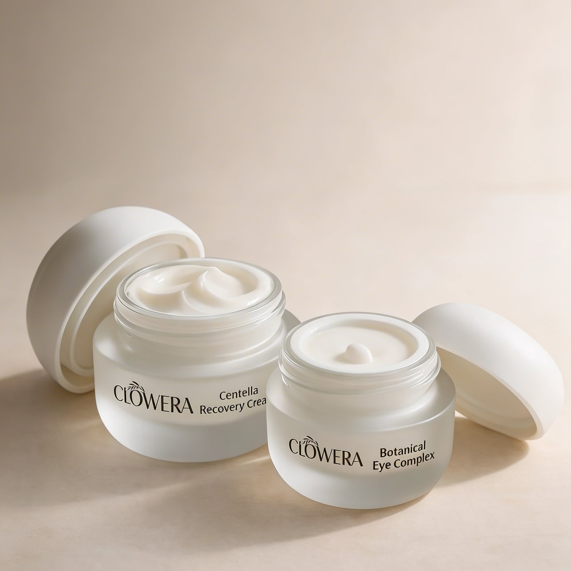 Clovera Centella Recovery Cream and Botanical Eye Complex in minimalist skincare composition